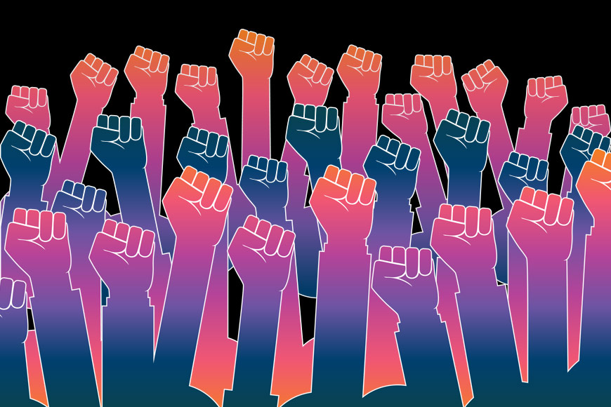 Illustration showing raised fists in solidarity in MojoHost gradient colors