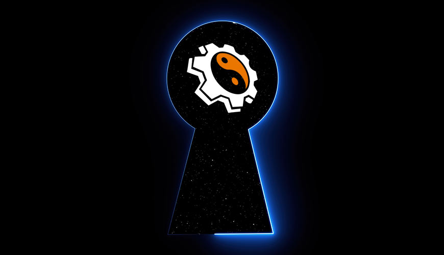 Illustration showing blue neon key hole with stars on other side and MojoHost icon in center of key hole