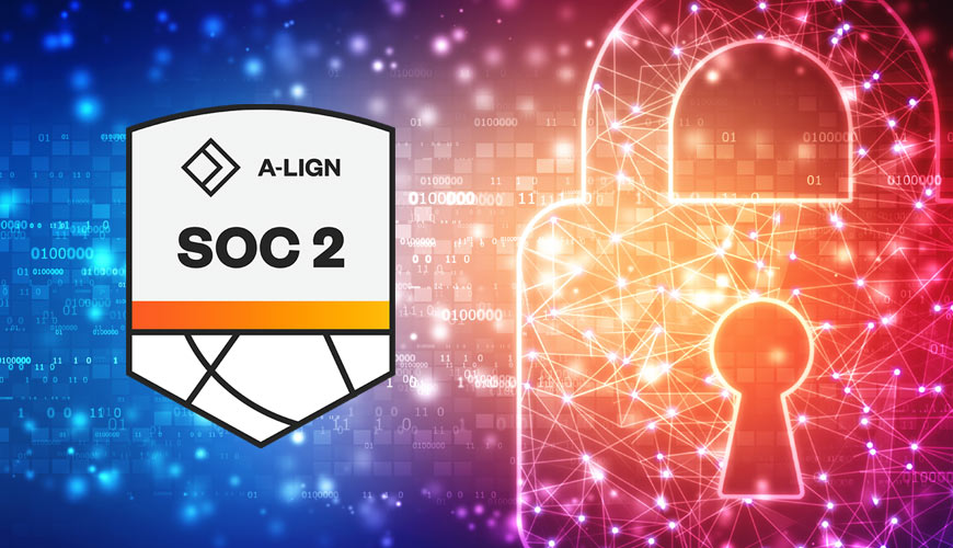 A-LIGN SOC 2 Certification Badge over colorful illustration of pad lock and digital data