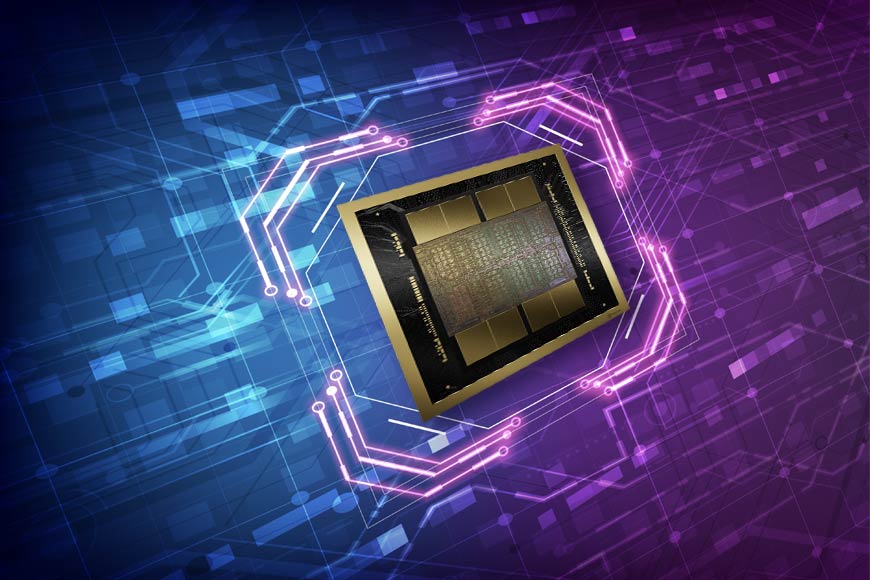 Illustration showing AI driven server hardware in blues and pinks