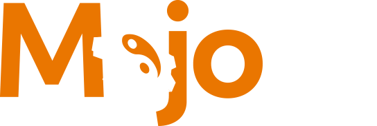 Mojo AI Logo - Orange and white sans-serif type with cog and yin yang symbol as letter o in Mojo