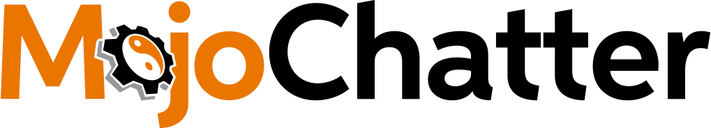 Mojo Chatter Logo - Orange and black sans-serif type with cog and yin yang symbol as letter o in Mojo