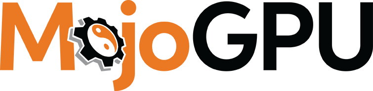 Mojo GPU Logo - Orange and black sans-serif type with cog and yin yang symbol as letter o in Mojo