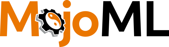 Mojo ML Logo - Orange and black sans-serif type with cog and yin yang symbol as letter o in Mojo