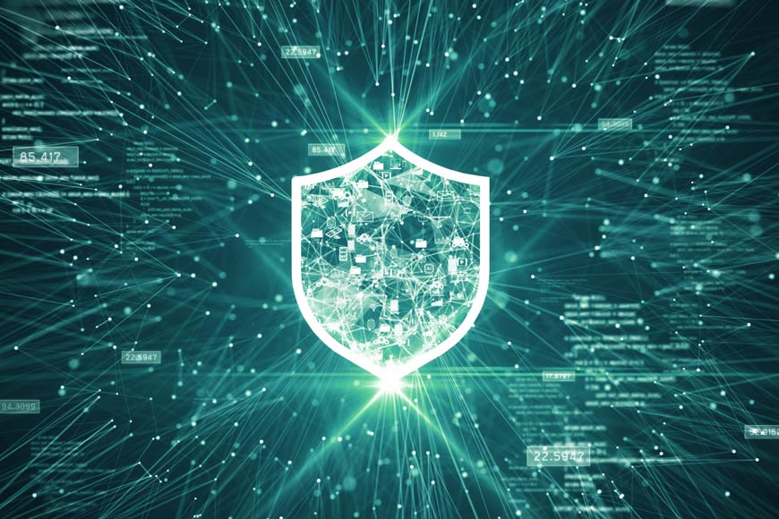 Illustration of data protection showing shield and network lines with overlaying data