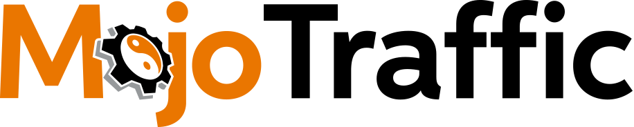 Mojo Traffic Logo - Orange and black sans-serif type with cog and yin yang symbol as letter o in Mojo