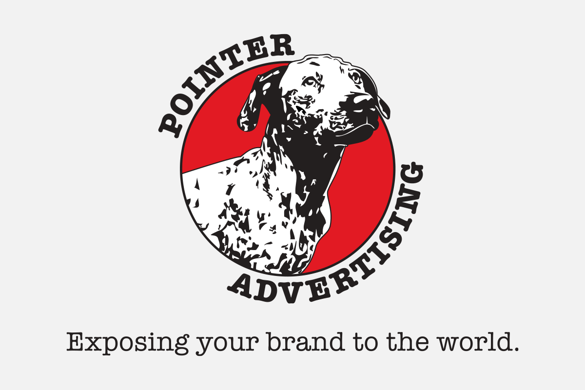 Pointer Advertising Logo - Illustration of a dog inside a circle with arched serif type around circle