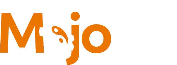Mojo AI Logo - Orange and white sans-serif type with cog and yin yang symbol as letter o in Mojo