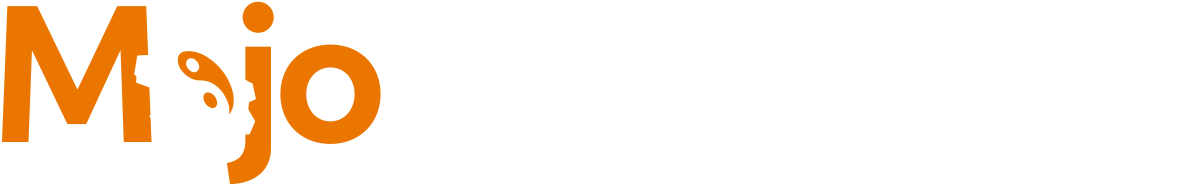 Mojo Merchant Logo - Orange and white sans-serif type with cog and yin yang symbol as letter o in Mojo