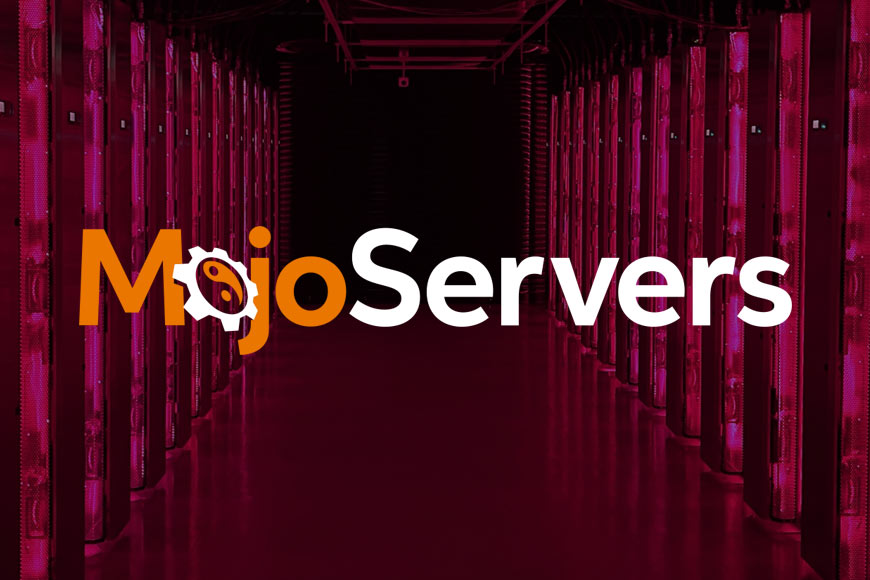 Photo of Mojo Host data center with overlaying MojoServers logo in orange and white sans-serif type