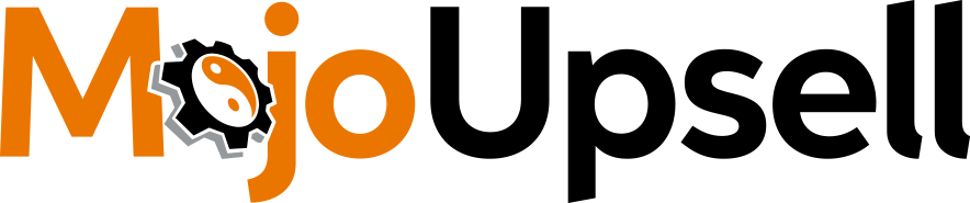Mojo Upsell Logo - Orange and black sans-serif type with cog and yin yang symbol as letter o in Mojo