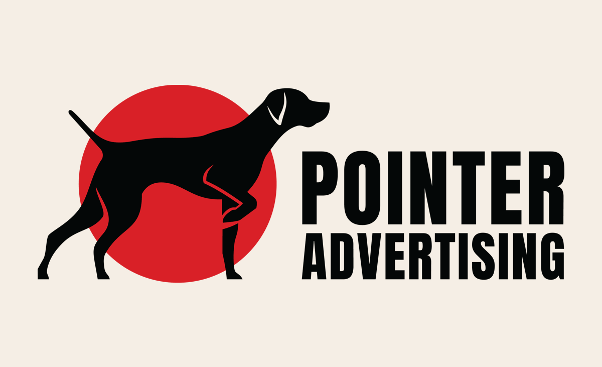 Pointer Advertising Logo - Black sans-serif type with black dog icon over red circle on light cream background