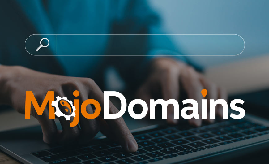 Photo of a man typing on a laptop with overlaying search field and MojoDomains logo